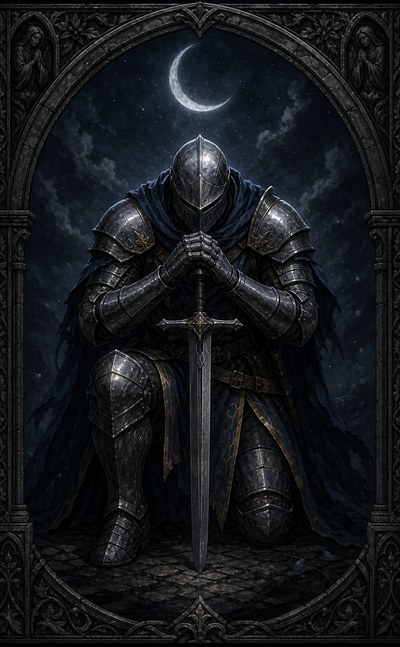 A dark armored knight resting both hands on a sword