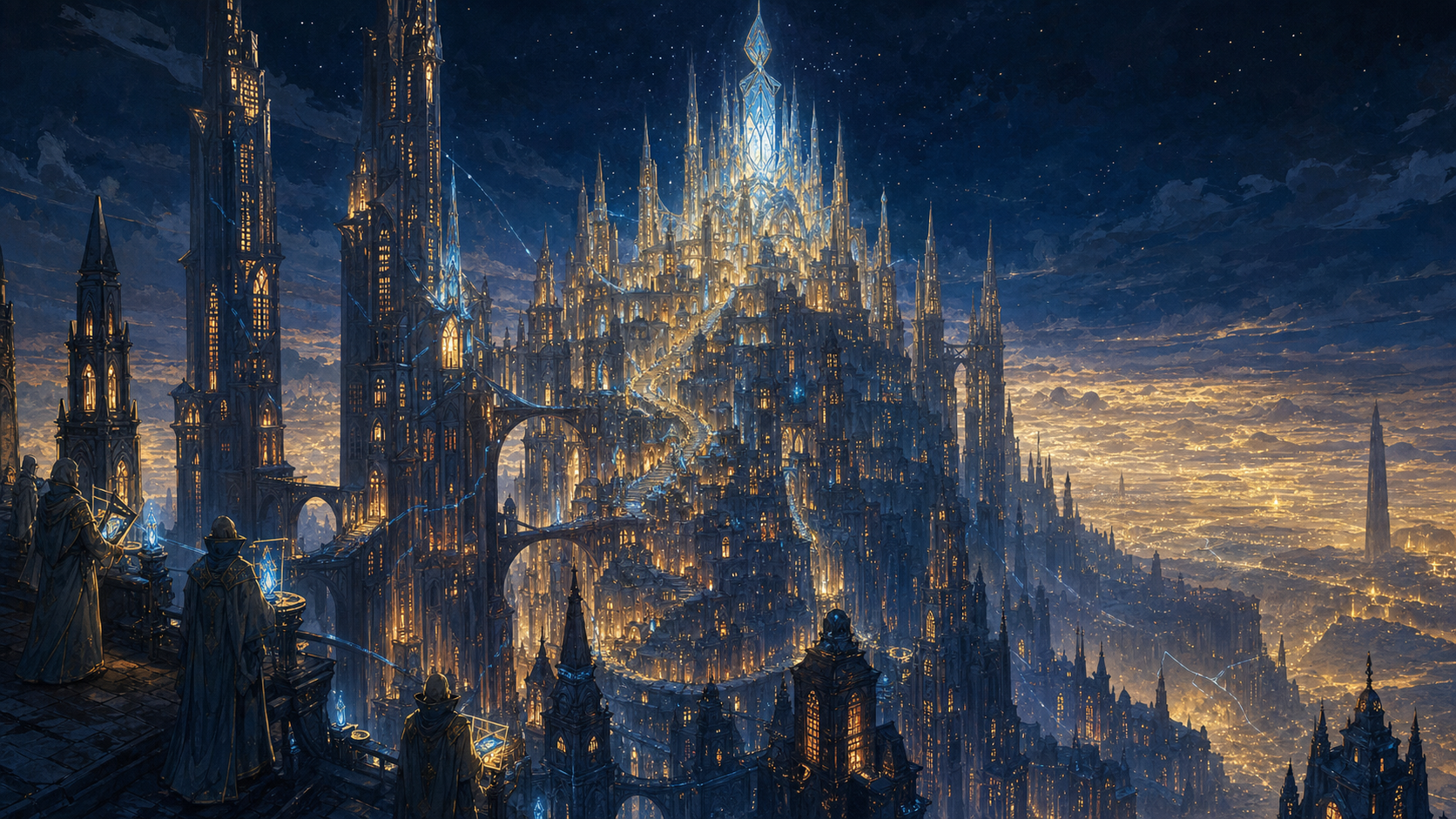 An immense city glowing beneath a dark blue sky