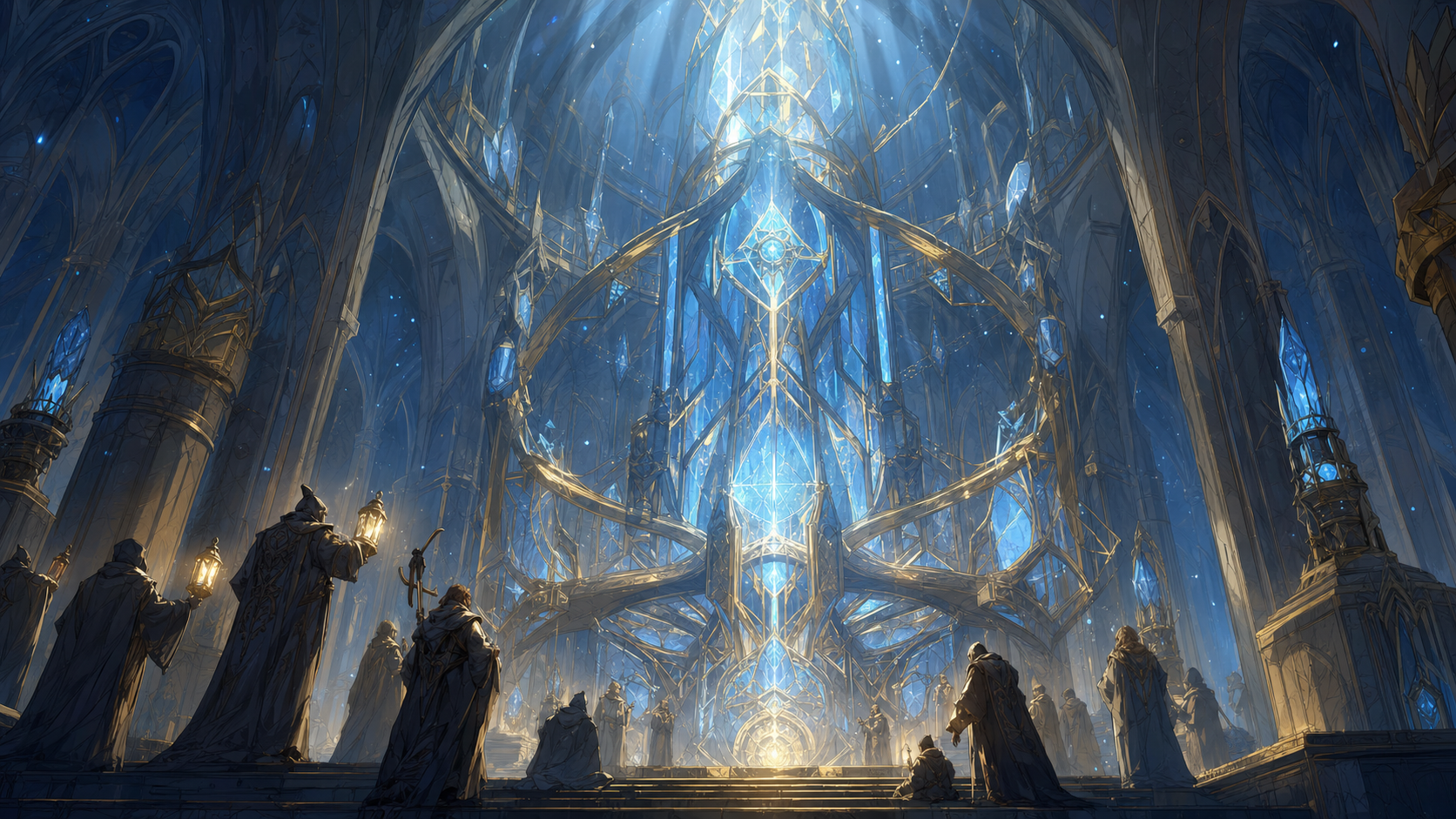 Cloaked figures gathered around a vast crystalline sanctum