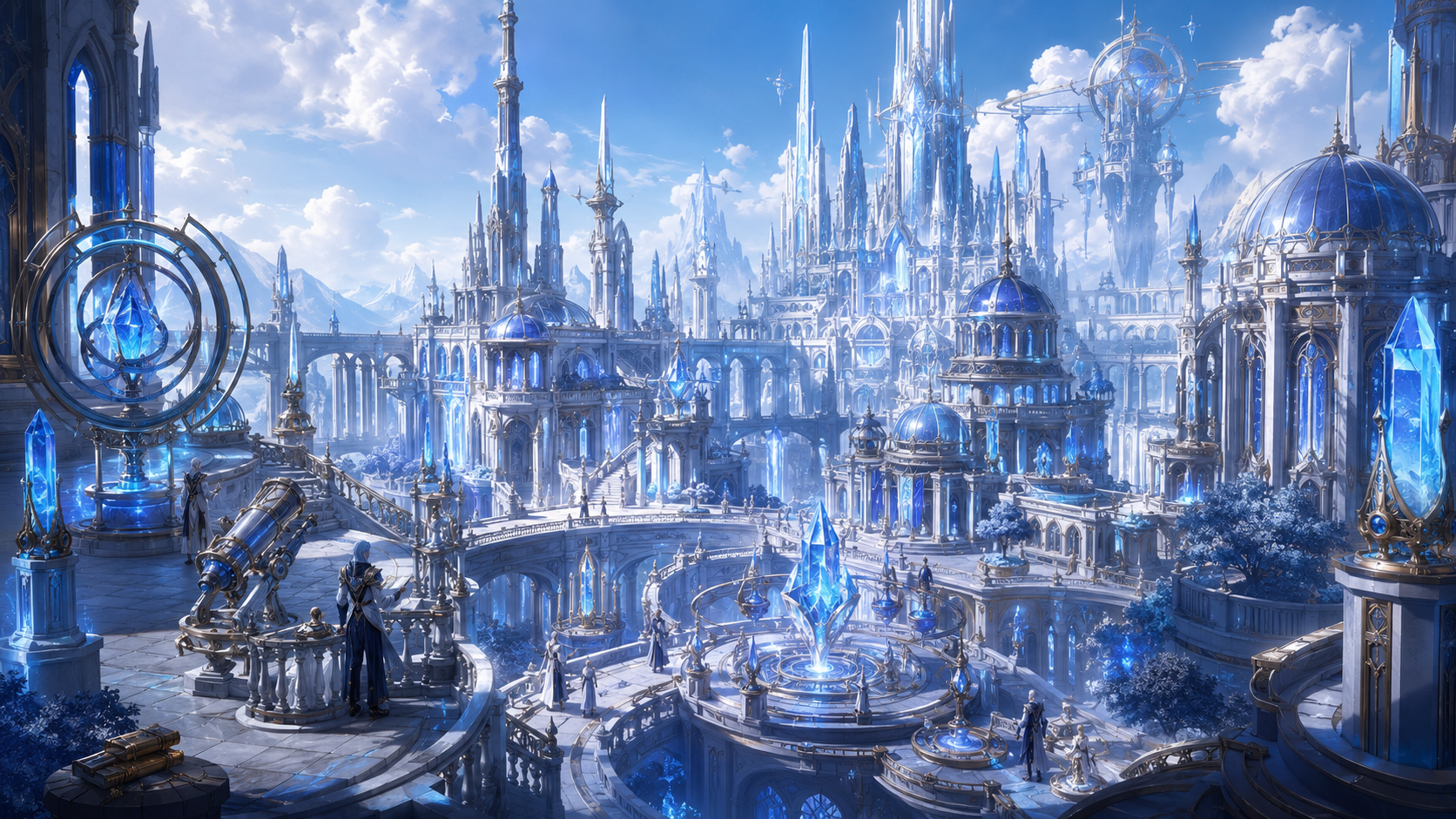 A vast luminous city of towers, bridges, and arcane crystals